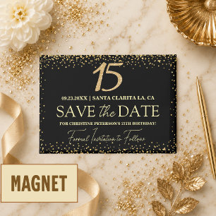 Imán Oro Negro Glitter Cumpleaños 15 Save the Date
