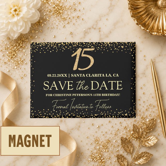 Imán Oro Negro Glitter Cumpleaños 15 Save the Date (Subido por el creador)