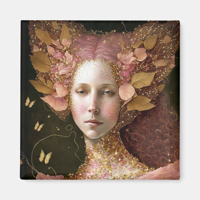 Imán Oro Rosa Fae Fae Mujer Fantasía Arte (Frente)