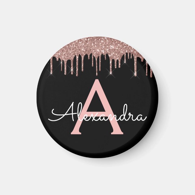 Imán Oro Rosa - Nombre de monograma del Purpurina negro (Frente)