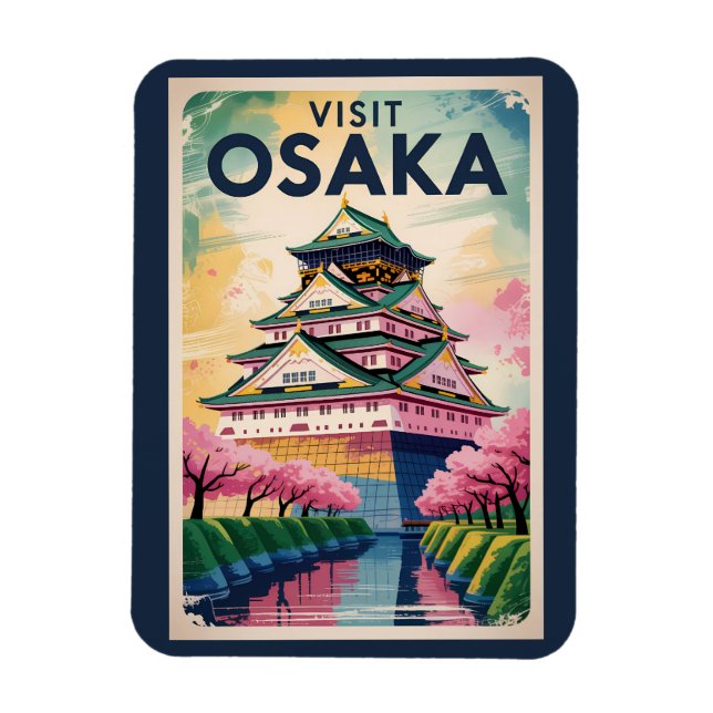 Imán Osaka Japan Castle Illustration Travel Art Vintage (Vertical)