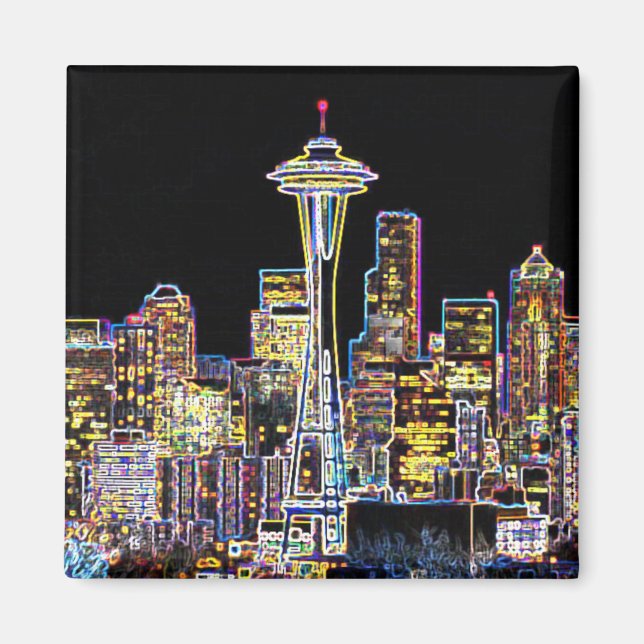 Imán Oscuro sea la noche - Luminoso Skyline Seattle (Frente)