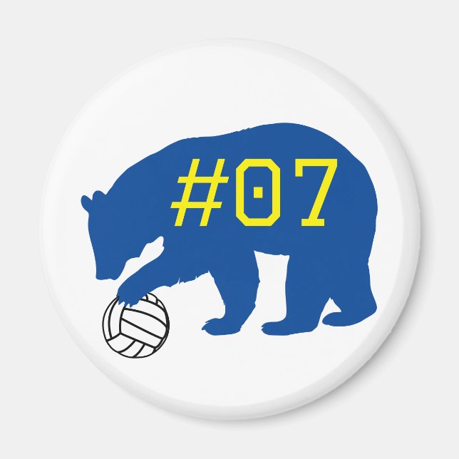 Imán Oso azul con voleibol y número de equipo amarillo (Frente)