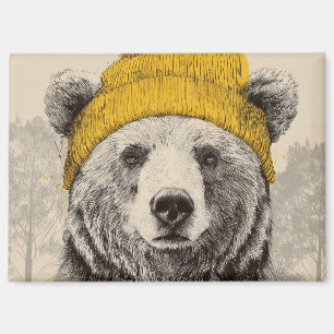 Imán Oso con gorro amarillo Bosque rústico Animal