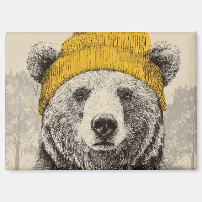 Imán Oso con gorro amarillo Bosque rústico Animal  (Anverso)