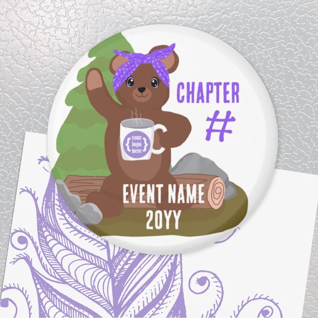 Imán Oso de camping, club juvenil de Chicas de Bandana  (purple logo magnet girls youth club party favor gift purple teddy bear cabin camping camp scout)