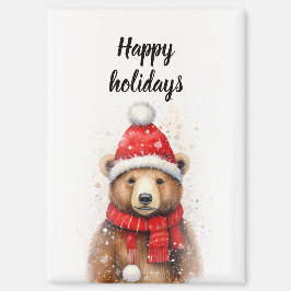 Imán Oso de invierno en un acogedor Gorra rojo