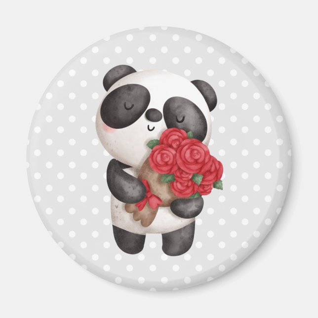 Imán Oso de Panda lindo llevando un Bouquet de Rosas (Frente)
