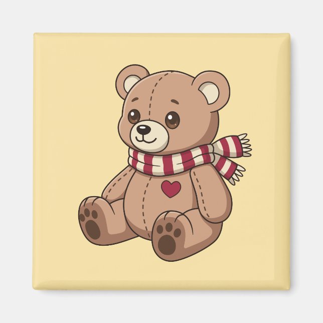 Imán Oso de peluche beige lindo con bufanda a rayas ama (Frente)
