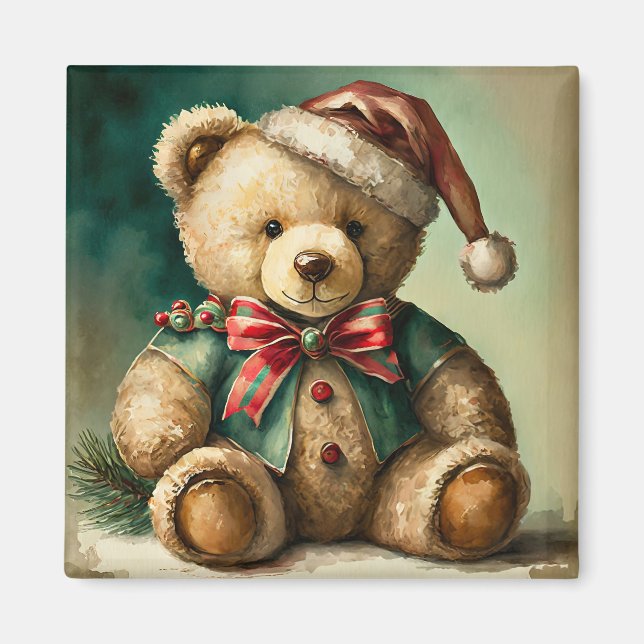 Imán Oso de peluche vintage de Navidad (Frente)