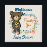 Imán Oso lindo, flor amarilla y flor de flores gracias<br><div class="desc">Una ducha de bebé gracias imán diseñado con un lindo ilustracion de un oso marrón personalizado sosteniendo una margarita amarilla. Rodeado por una flor decorativa floral con flores,  hojas,  estribos y corazones. Esquema de color de otoño.</div>