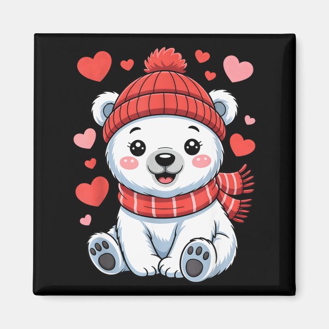 Imán Oso Polar Kawaii de San Valentín Corazón Bufanda B (Frente)