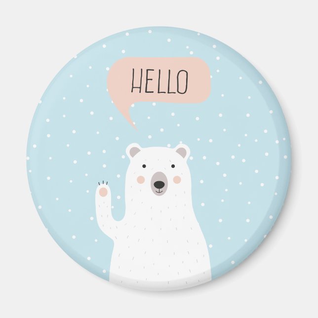 Imán Oso polar lindo en la nieve dice Hola (Frente)