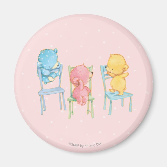 Imán Osos amarillos, rosados y azules en las sillas (Frente)