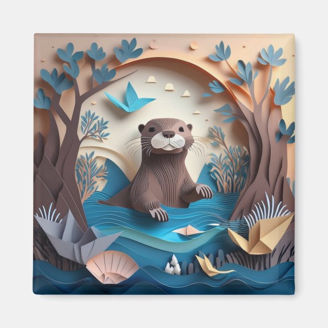 Imán Otter de origami de papel en agua 3D (Frente)