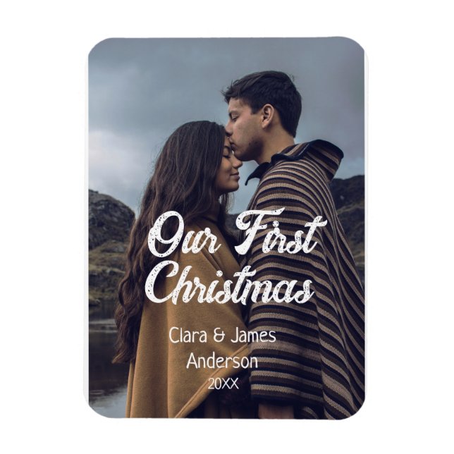 Imán Our first Christmas couple photo name white gray (Vertical)