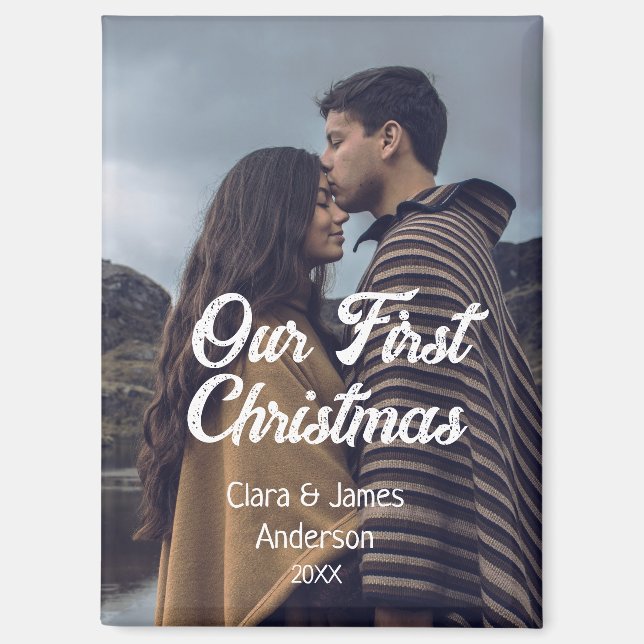 Imán Our first Christmas couple photo name white gray (Anverso)