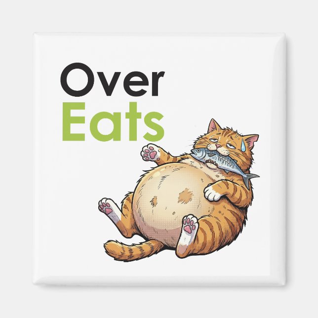 Imán Over Eats - Funny Fat Cat Eating Fish Cartoon (Frente)