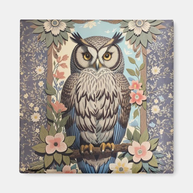 Imán Owl Pastel Floral William Morris Inspirado (Frente)