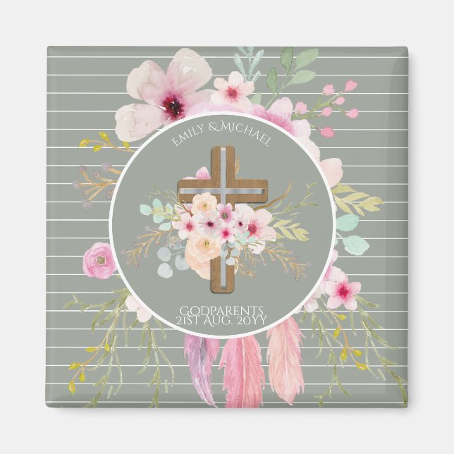 Imán Padrino - Verde de cruz floral personalizada (Frente)