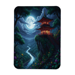 Imán Pagoda Japonesa iluminada por la luna en un acanti