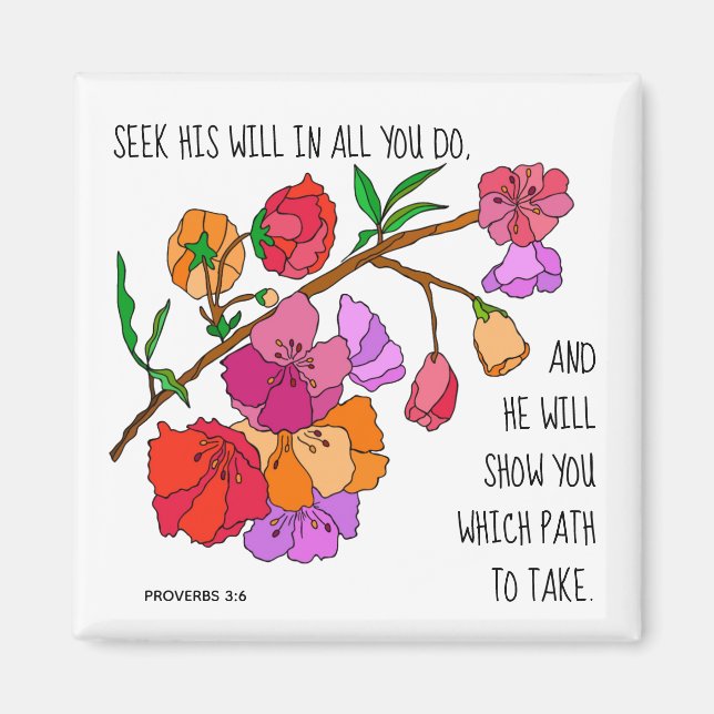 Imán Painted flowers, w verse from Proverbs 3:6 (Frente)
