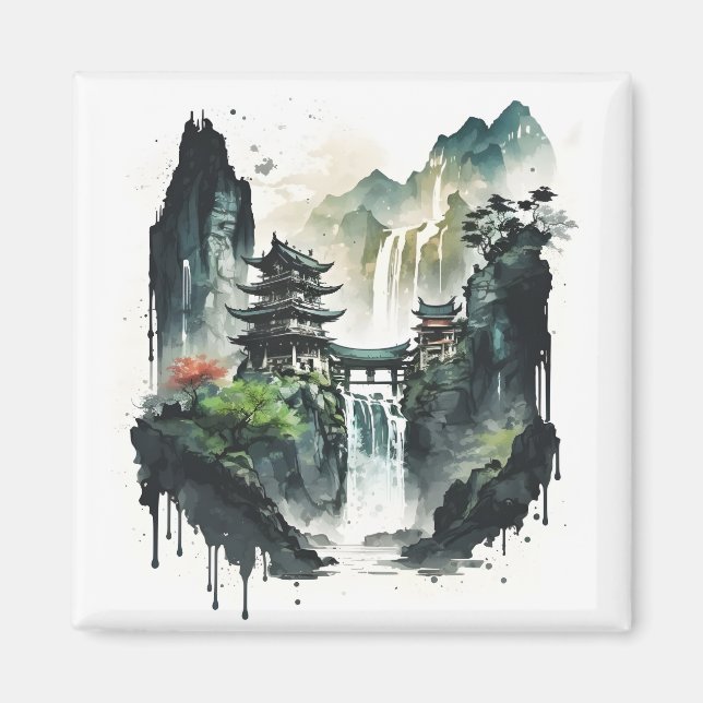Imán Paisaje antiguo de la tinta china con cascada (Frente)