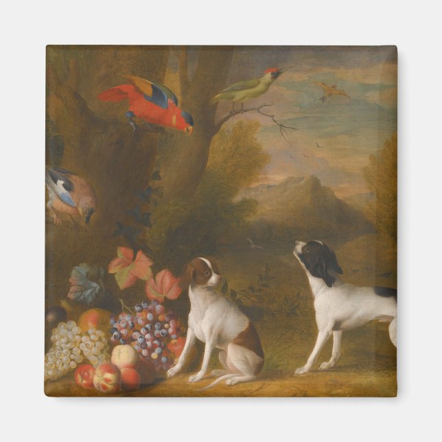 Imán Paisaje con aves exóticas y dos perros (Frente)