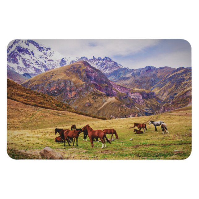 Imán Paisaje con caballos en las montañas georgianas (Horizontal)