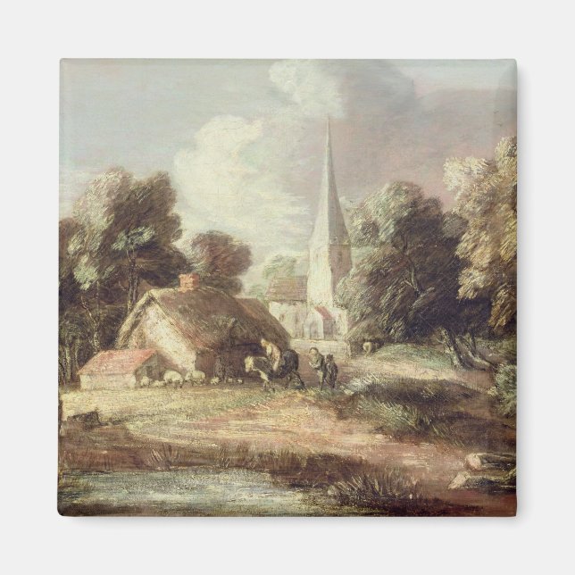 Imán Paisaje con iglesia, cabaña, pobladores y un (Frente)