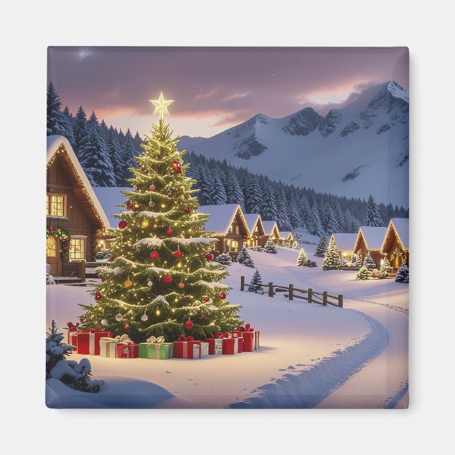 Imán Paisaje de luces de Navidad con nieve (Frente)