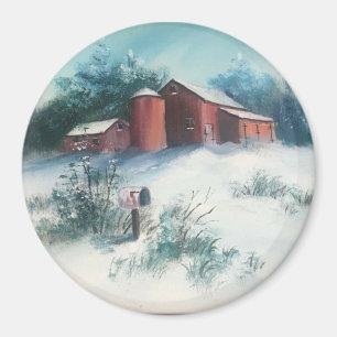 Imán Paisaje de nieve pintando granja rústica con grane