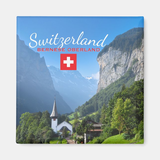 Imán Paisaje de Oberland de Bernese, Suiza con bandera (Frente)