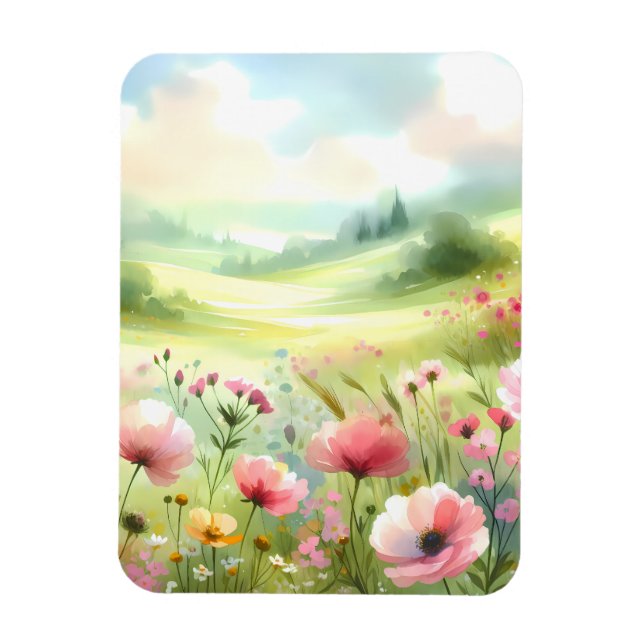 Imán Paisaje de pradera de flores silvestres pastel (Vertical)