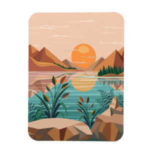 Imán Paisaje de puesta de sol en un lago de montaña tra
