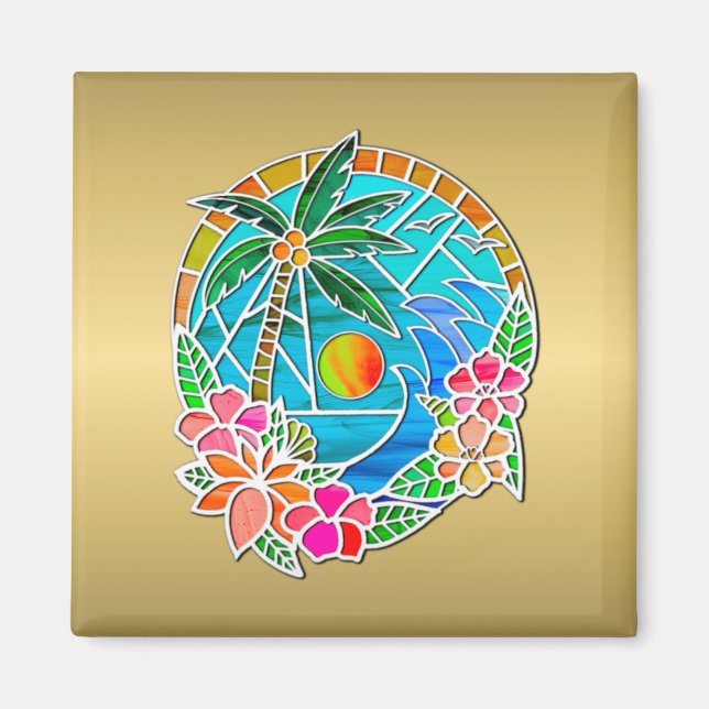 Imán Paisaje de verano de las palmeras acuáticas y oceá (Frente)