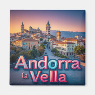 Imán Paisaje histórico de Andorra la Vella al atardecer
