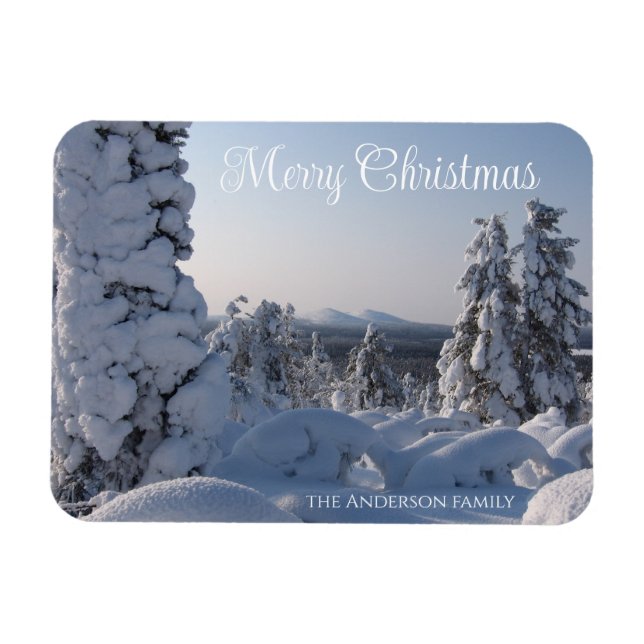 Imán Paisaje invernal escénico Feliz Navidad (Horizontal)