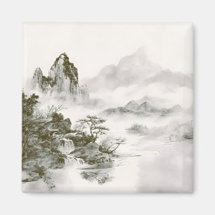 Imán Paisaje minimalista de montaña zen con tinta brumo
