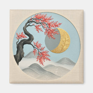 Imán Paisaje minimalista japonés de flor de cerezo y lu