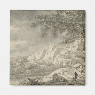 Imán Paisaje montañoso con un caminante