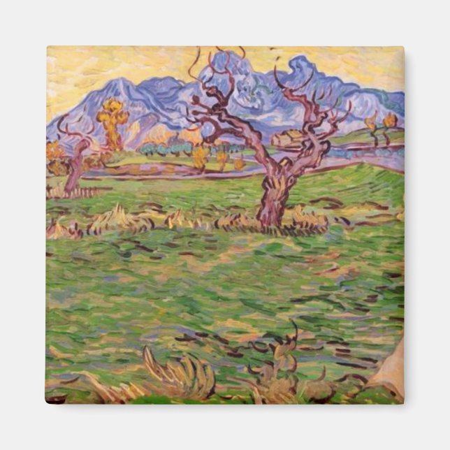 Imán Paisaje, Olive Tree, Mountains Van Gogh Bella Arte (Frente)