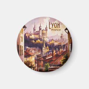 Imán Paisaje urbano de Lyon Francia en acuarela vintage