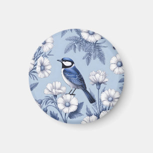 Imán Pájaro Azul Elegante y Patrón Floral Blanco