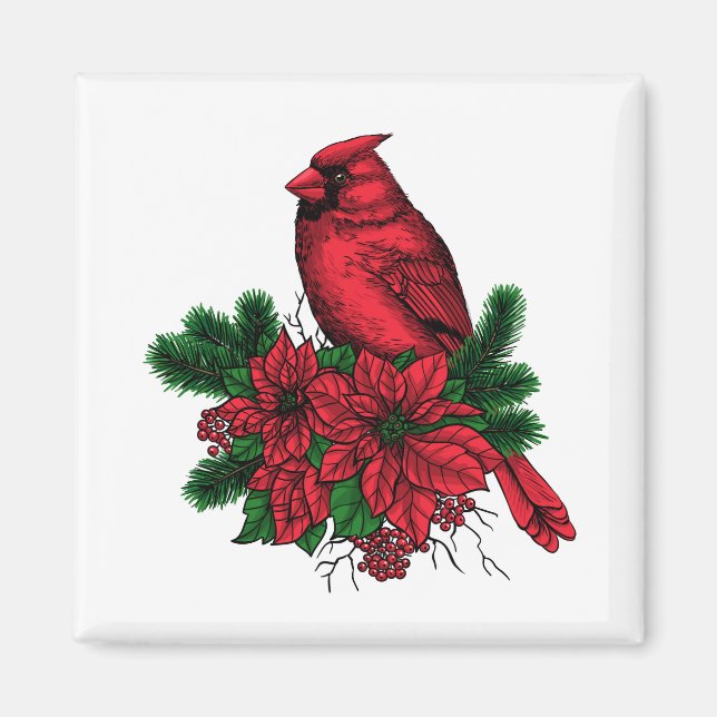 Imán Pájaro cardinal, ilustracion Navidad (Frente)