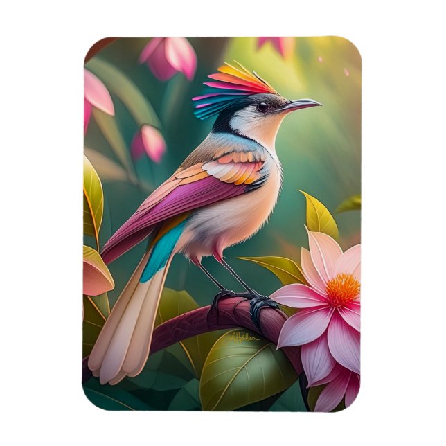 Imán Pájaro de fantasía Jay con cresta de arcoíris (Vertical)