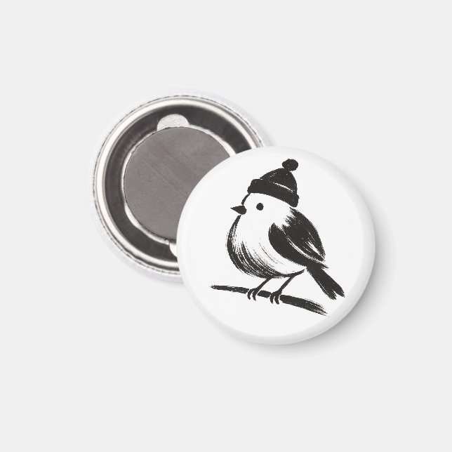Imán Pájaro de invierno con gorro – Minimalismo de pinc (Anverso/Reverso)
