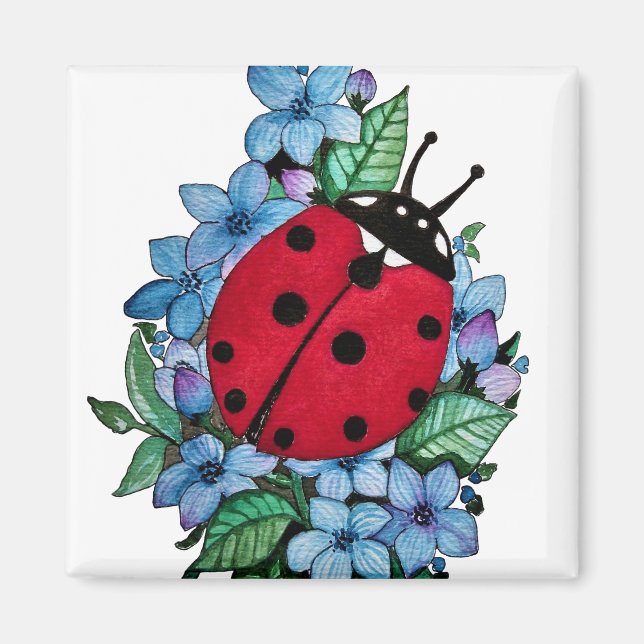 Imán Pájaro De Ladybird Acuarela Con Flores Salvajes Az (Frente)
