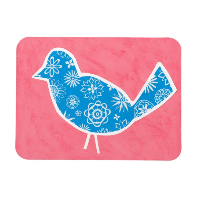 Imán Pájaro decorativo con patrones en fondo rosado (Horizontal)