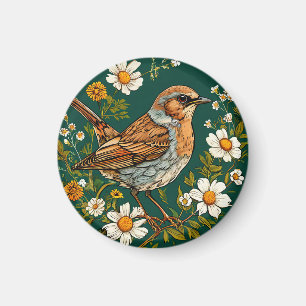 Imán Pájaro Dunnock Colorido Entre Flores en Floración